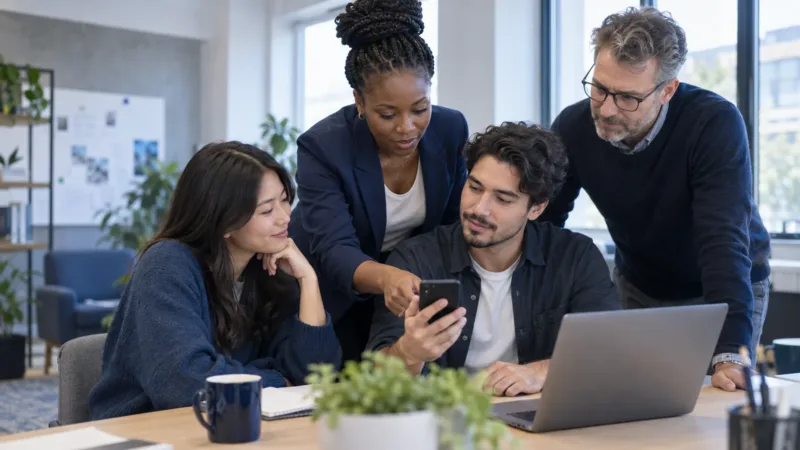 Une équipe multiculturelle regarde ensemble l’écran d’un téléphone.