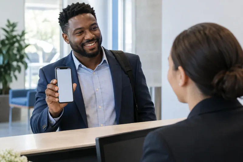 Un collaborateur présente sa carte sur son téléphone à l’accueil d’une entreprise.