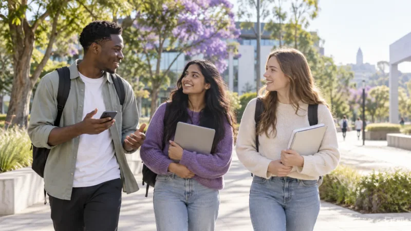 Trois étudiants discutent en marchant sur un campus.