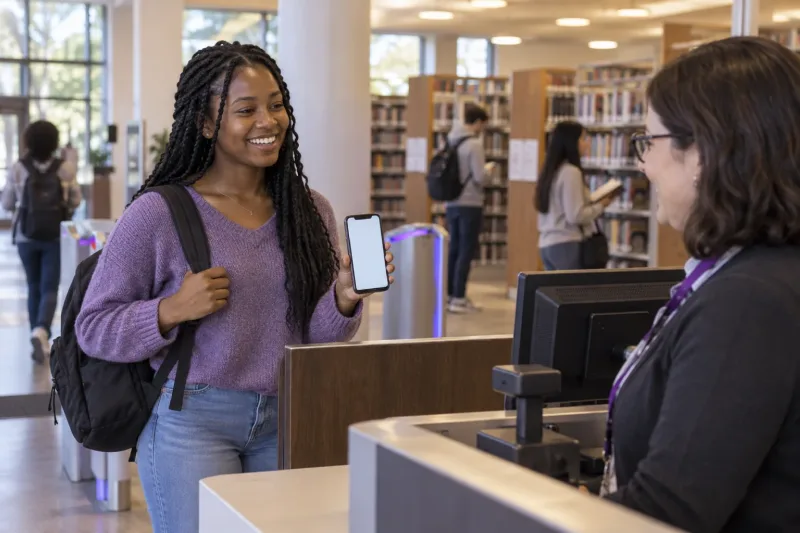 Une étudiante présente sa carte sur son téléphone à l’accueil d’une bibliothèque universitaire.